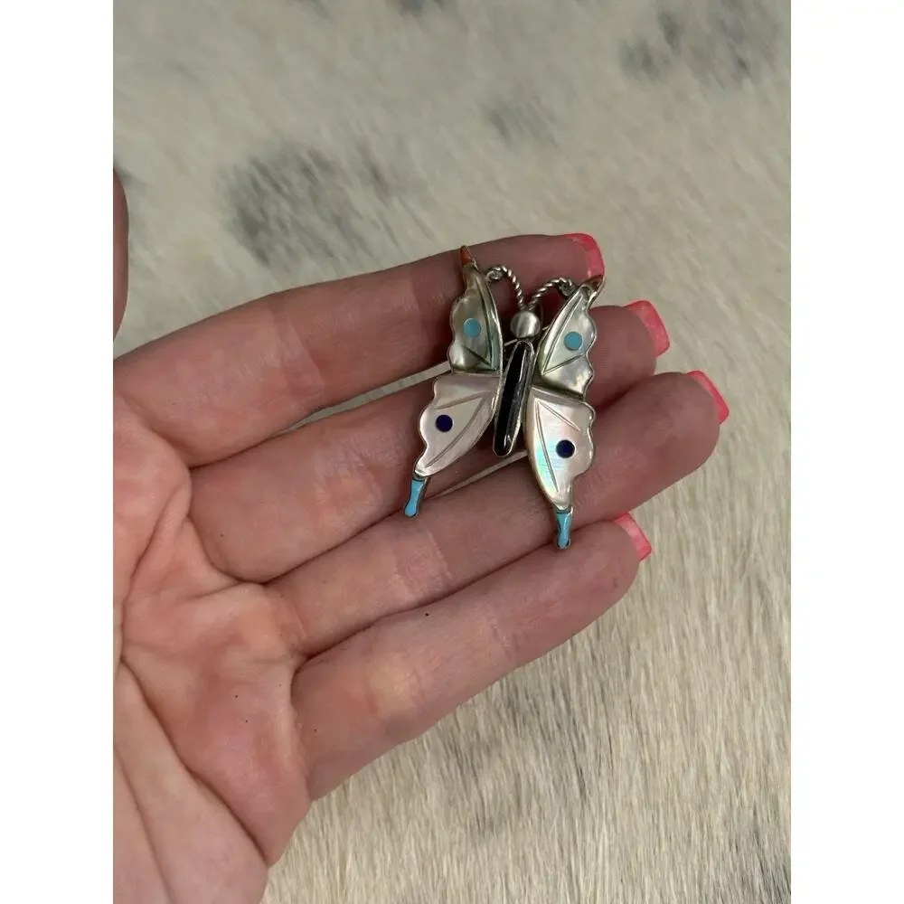 Zuni Sterling Silver VE inlay Butterfly Pendant Pin Turquoise Coral Shell Onyx